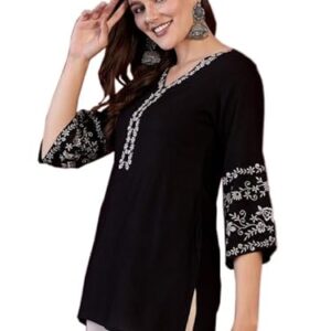 MAHIRA'S Comfort Short Kurti for Women | Indian Women's Tunics Tops | Rayon Top with 3/4 Designer Sleeves | Kurta Shirt Top for Ladies