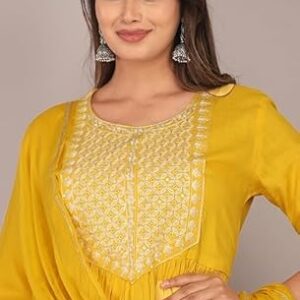 Women's Rayon Slub 3/4 Sleeves Round Neck Embroidery Kurti with Sharara & Dupatta Set