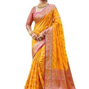 SGF11 Women's Organza Kanjivaram Pure Soft Silk Handloom Saree Pure Golden Zari With Blouse Piece