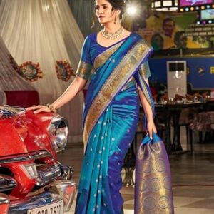 SWORNOF Womens Kanjivaram Silk Saree with Zari Woven Saree With Blouse Piece