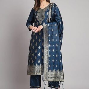 VredeVogel Women's Cotton Silk Jacquard Kurta Pant Set with Banarasi Silk Dupatta