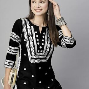 GoSriKi Women's Cotton Blend Embroidered Straight Kurta