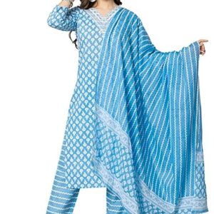 rytras Women's Pure Cotton Printed Straight Kurta Set with Palazzo Pants & Dupatta- Ethnic Wear, Blue