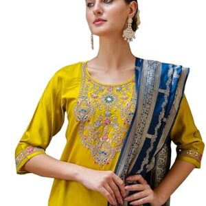 VredeVogel Kurta Set with Dupatta | Viscose Rayon Embroidered Kurta Set for Women | Women's Ethnic Casual Kurti Set |Kurta Pant Festive Suit (Yellow_X-Large)