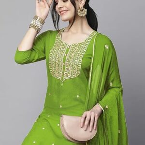GoSriKi Women's Cotton Blend Embroidered Straight Kurta with Pant & Dupatta