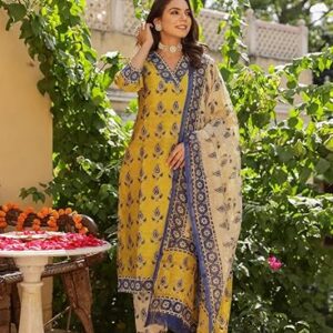 GoSriKi Women's Rayon Blend Straight Printed Kurta with Pant & Dupatta