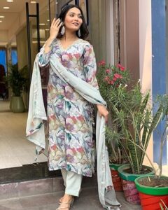 GoSriKi Women's Cotton Blend Straight Printed Kurta with Pant & Dupatta