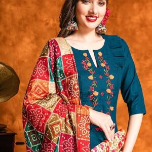 EthnicJunction Women's Embroidered Mirror Work Cotton Straight Salwar Kurta Dupatta Set