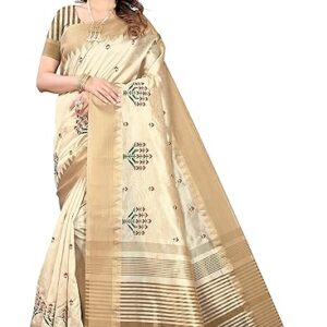 SERONA FABRICS Women's Assam Cotton Silk With Golden Border Thread Embroidery Saree With Blouse Piece