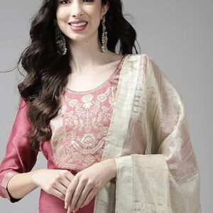INDO ERA Women's Cotton Blend Yoke Design Straight Kurta Pant with Dupatta Set