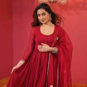 GoSriKi Women's Rayon Blend Anarkali Solid Kurta with Pant & Dupatta