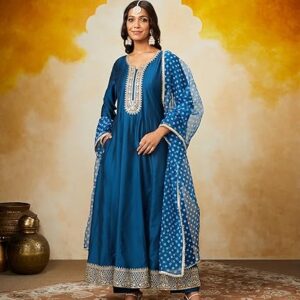 Amazon Brand - Myx Women's Embroidered Anarkali Kurta Pant Set with Organza Dupatta