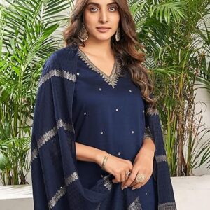SIRIL Women's Cotton Silk Sequence Embroidered Straight Kurta Pant with Dupatta Set