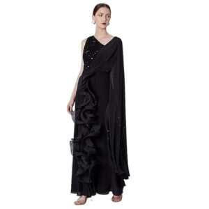 One-Shoulder Gown Saree, Black Crepe and Net, Ruffled Draped Style, Wedding