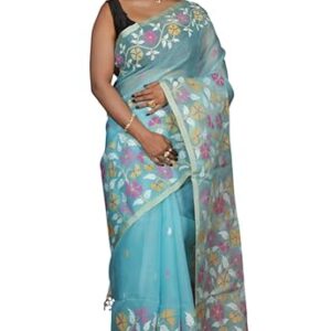 Bengal looms India Muslin Silk Saree Traditional Floral Nakashi Work Saree for Women Dhakai Jamdani in Multicolored Thread Work in Arctic Blue Rich Texture Smooth Finish Indian Sari for Festivals