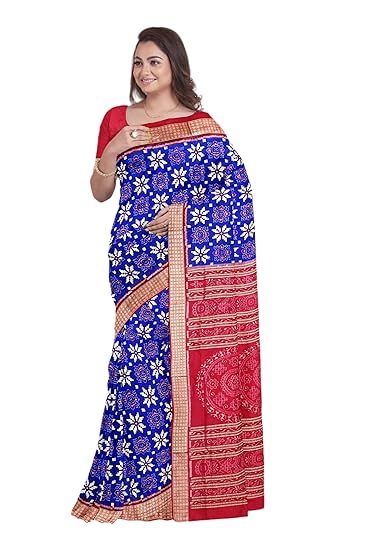 OdiKala Sambalpuri Silk Saree with Blouse Piece, Blue Base with Flower Design, Red Pallu and Border