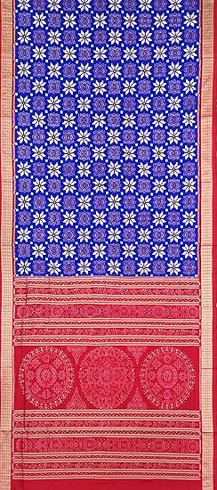 OdiKala Sambalpuri Silk Saree with Blouse Piece, Blue Base with Flower Design, Red Pallu and Border - Image 4
