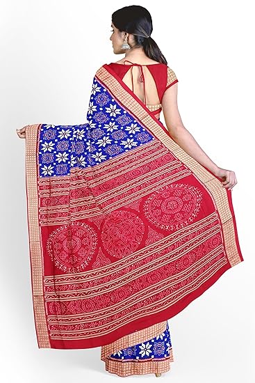 OdiKala Sambalpuri Silk Saree with Blouse Piece, Blue Base with Flower Design, Red Pallu and Border - Image 3