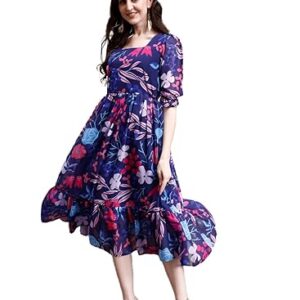 SMOWKLY Women's Georgette Floral Printed Western Dress || Half Sleeve Fit & Flare Design || A-Line Knee Length Maxi Gown Casual Wear
