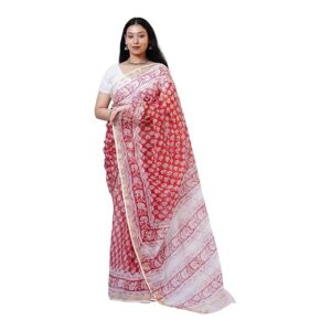 Pretanshah LalShweta Red and White Handblock Print Kota Cotton Saree with Attached Blouse for Casual, Office and Occasion wear