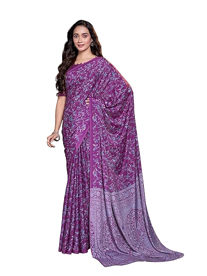 Vareli Floral Print Crepe Saree With Unstitched Blouse Piece - Image 2