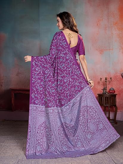 Vareli Floral Print Crepe Saree With Unstitched Blouse Piece - Image 5