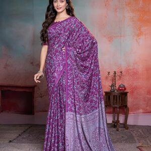 Vareli Floral Print Crepe Saree With Unstitched Blouse Piece