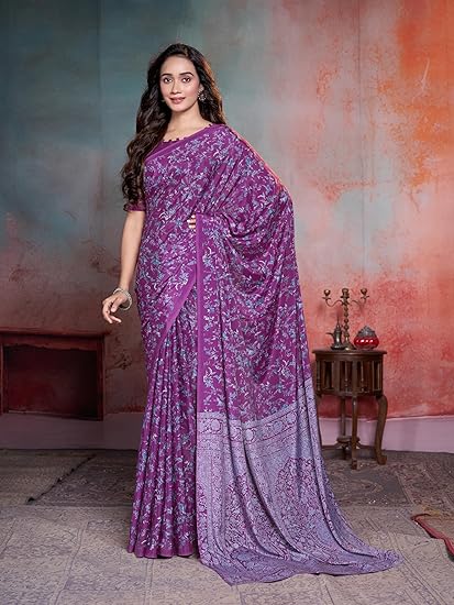 Vareli Floral Print Crepe Saree With Unstitched Blouse Piece